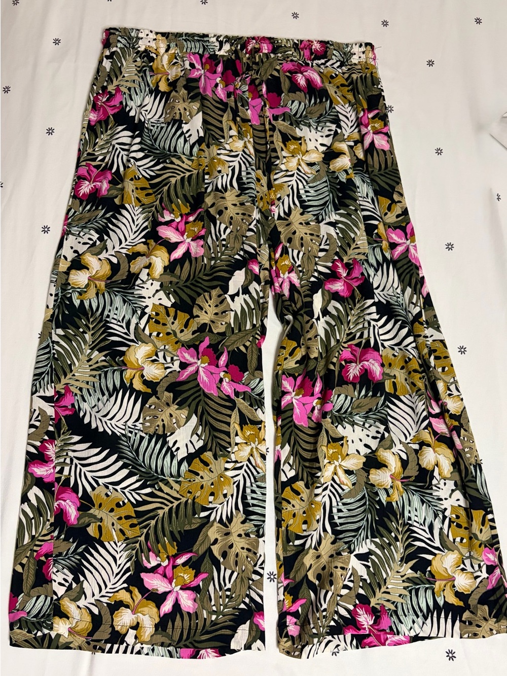 Robert Louis Tropical Floral Wide-Leg Pants in Black, Pink & Olive